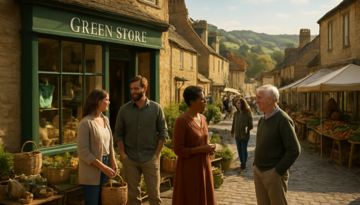 Owners chatting with locals at a cosy eco-friendly shop in historic Gloucester near Cotswolds hills.