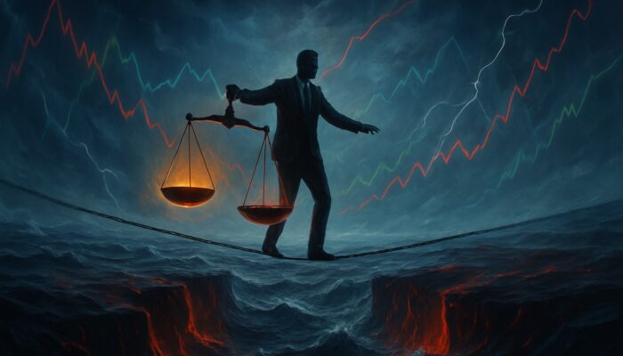 Surreal depiction of a trader balancing glowing profit scales against deep drawdown chasms on a stormy market sea