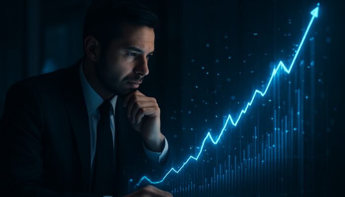 Trader analyzing glowing holographic charts of an increasing profit-to-drawdown ratio in a dimly lit office