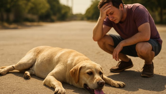 Concerned owner watches panting dog sprawled on hot pavement showing heat distress
