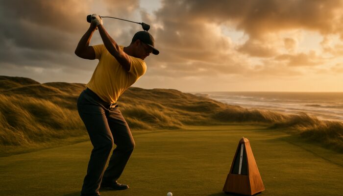 Dedicated South African golfer mid-swing with a metronome on a breezy coastal fairway during golden hour
