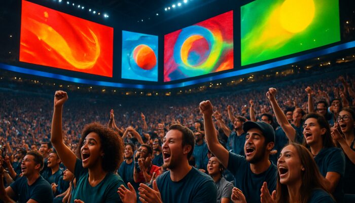 Excited crowd enjoying live sports with real-time targeted advertisements on illuminated arena screens