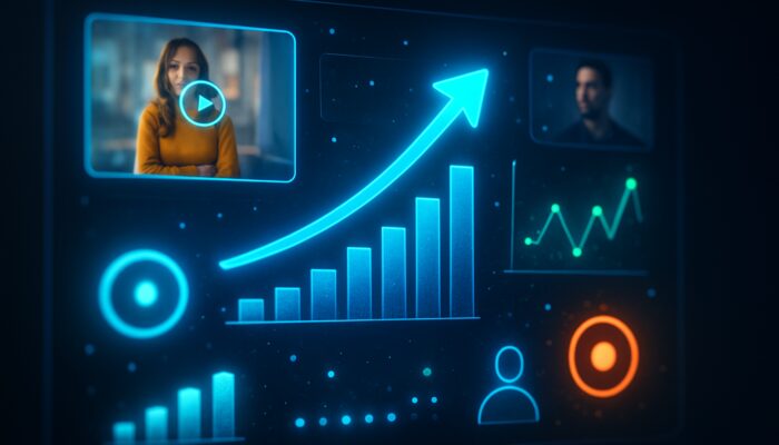 Dynamic digital dashboard showcasing live video ads and real-time global engagement metrics.