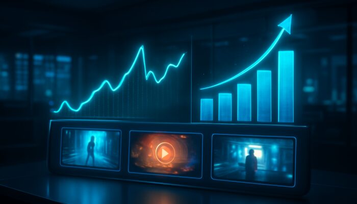 Futuristic dashboard displaying holographic graphs of real-time video ad click-through rates and conversions.