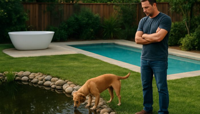 Owner watches small dog sniffing at backyard pond edge near pool and tub.