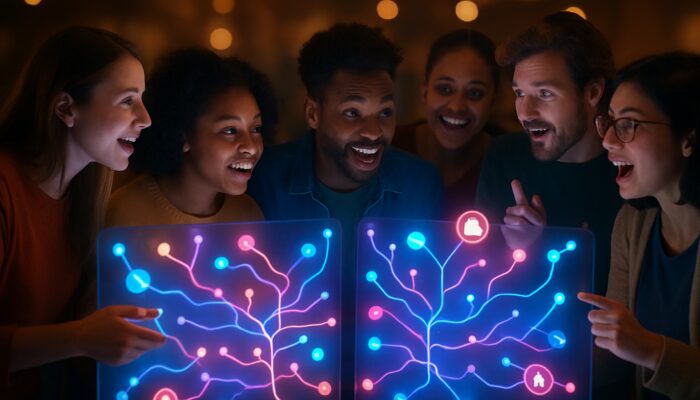 Diverse viewers discussing interactive video choices on illuminated screens with social sharing icons