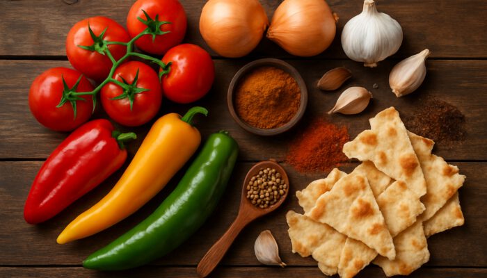 Fresh tomatoes, peppers, onions, garlic, spices, and flatbread on rustic wood for Algerian chakhchoukha stew