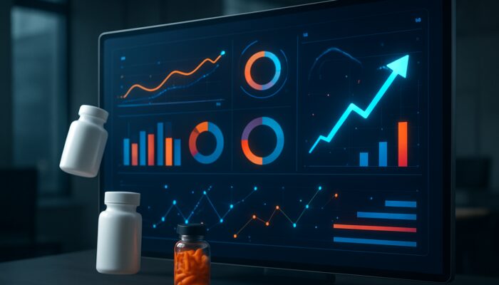 Digital dashboard illustrating supplement ad performance metrics featuring vibrant graphs and vitamin icons.