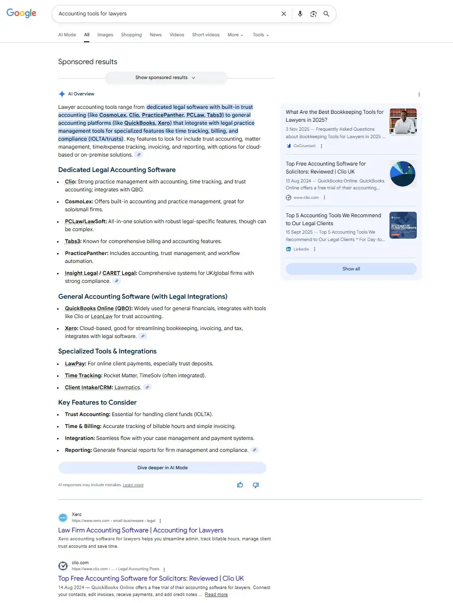 screenshot shows how aeo is different from seo because sites ranking in ai are not in traditional search results.