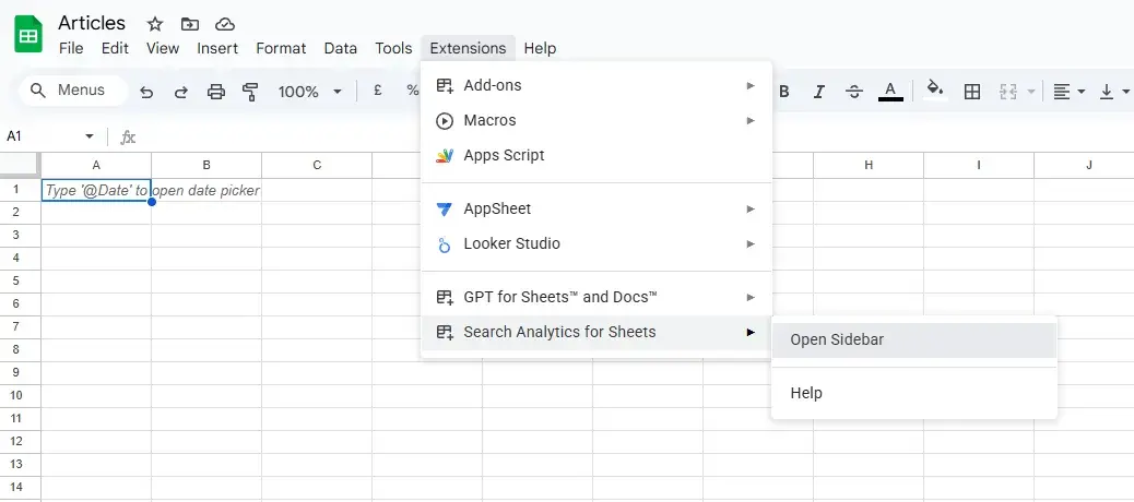 screenshot of google sheets showing how search engine marketers can open search analytics for sheets to conduct keyword research for answer engine optimization