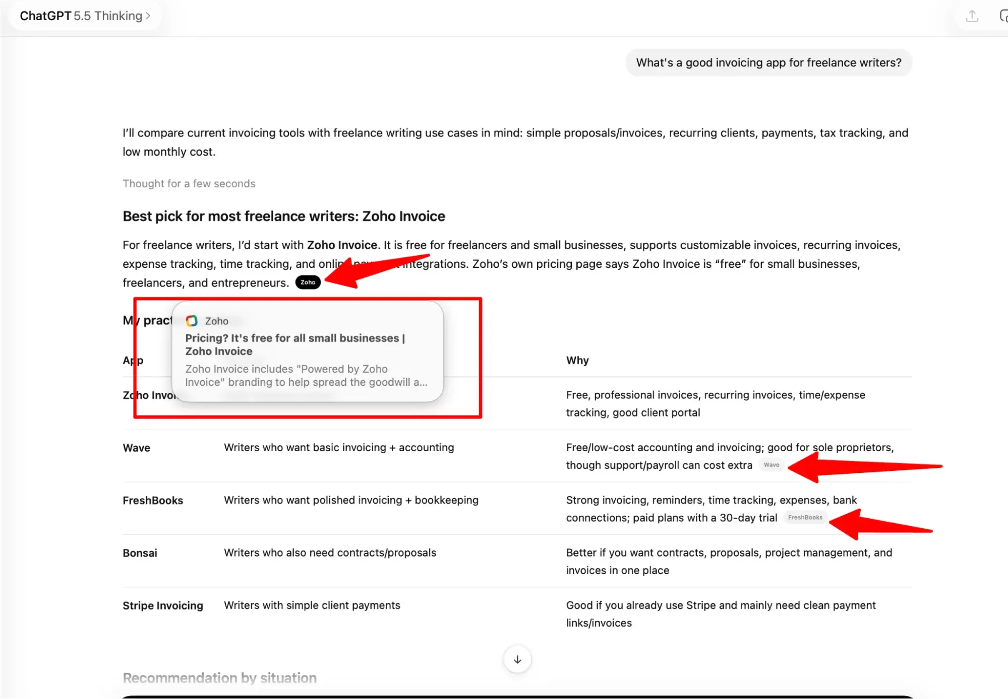 ChatGPT answer showing inline citation to Zoho Invoice with highlighted source reference and comparison table