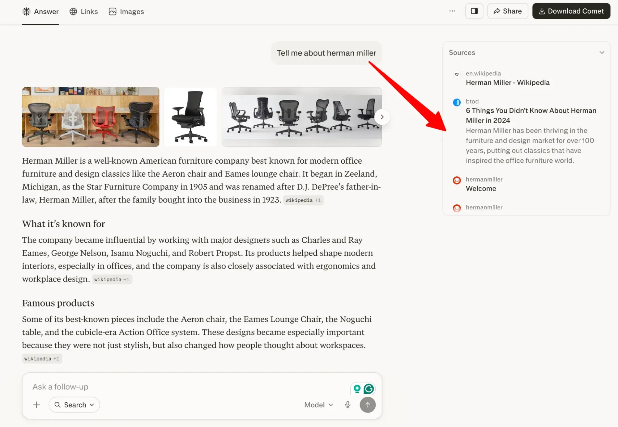 Perplexity answer about Herman Miller furniture with source citations and related content panel