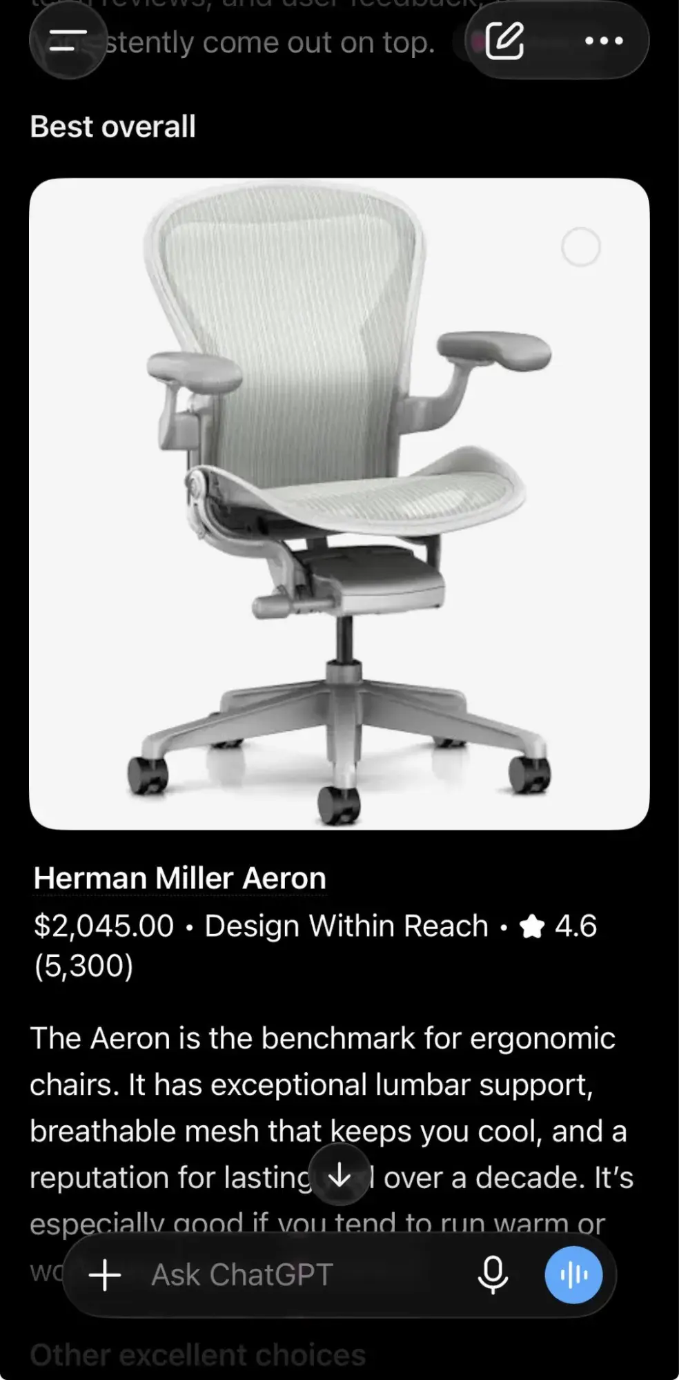 ChatGPT rich product result for Herman Miller Aeron chair with price, rating, and detailed description