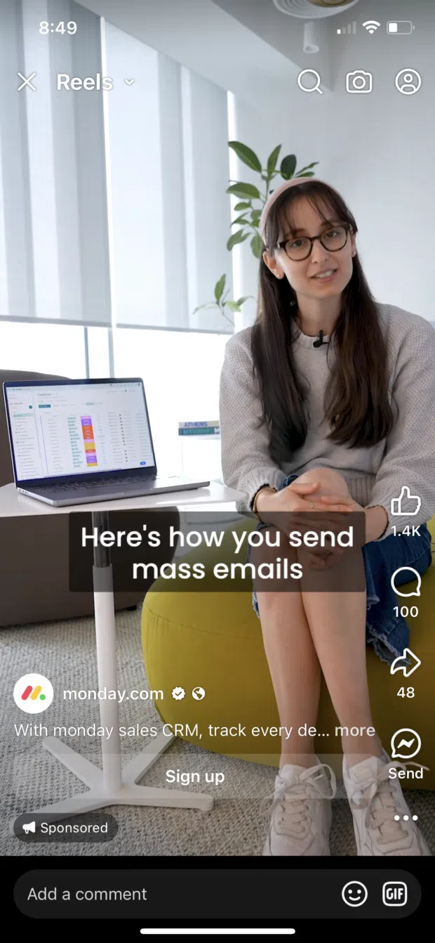 Facebook reels video ad send mass emails with monday.com