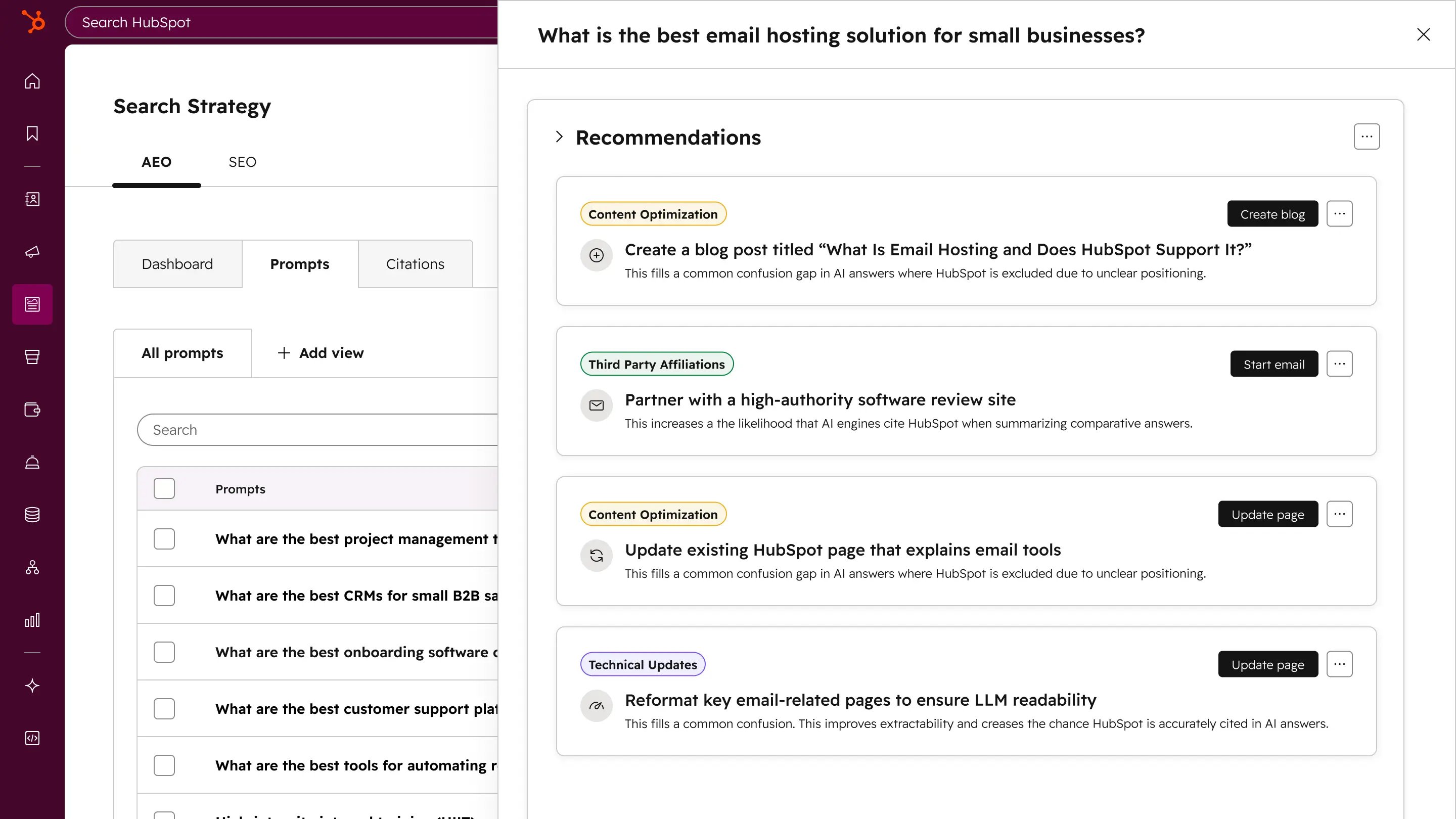 HubSpot AEO tool recommendations that track how your brand appears and provides suggestions
