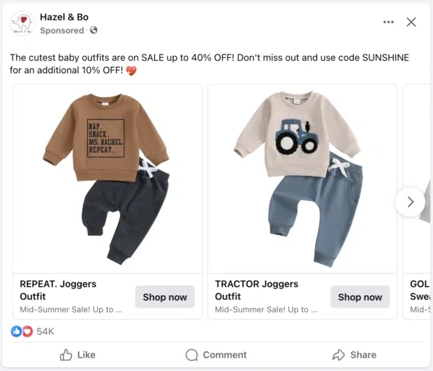 Hazel and bo baby outfit Facebook carousel ad