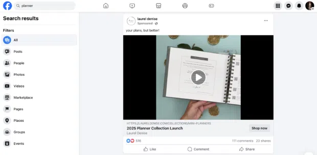 Facebook search results ads laurel denise 2025 planner collection launch