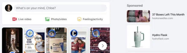 Facebook right column sponsored ads Hooks and Needles and Hydroflask