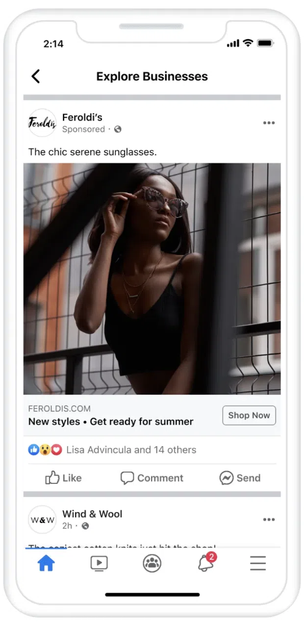 Facebook Business Explore ad Feroldis chic serene sunglasses new styles get ready for summer