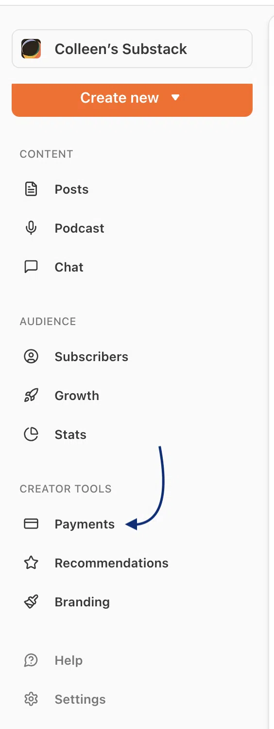 Substack sidebar menu for Colleen's Substack, highlighting