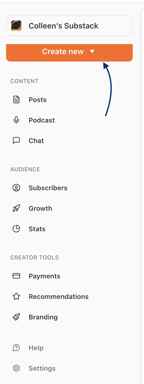 Substack sidebar menu for Colleen's Substack, with an arrow pointing to the
