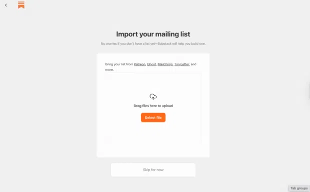 Substack page to import a mailing list from platforms like Patreon, Ghost, Mailchimp, and TinyLetter.