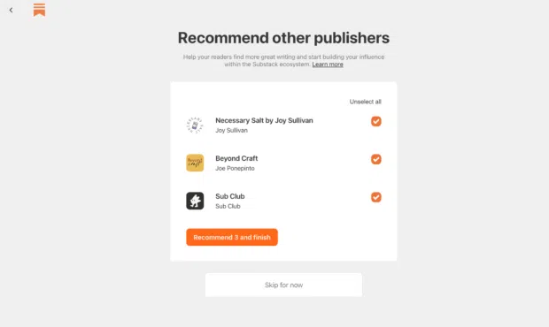 Substack page recommending other publishers like
