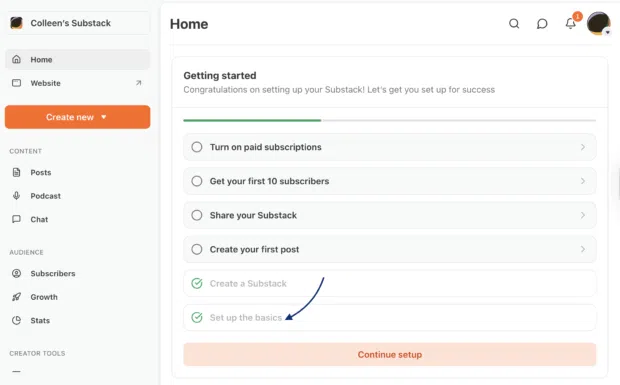 Colleen's Substack home dashboard showing