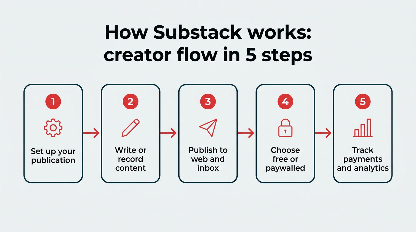 Five-step process flow of how Substack works for a creator: set up your publication, write or record content, publish to web and inbox, choose free or paywalled, and track payments and analytics.