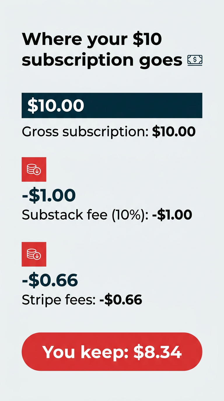 Cost breakdown of a ten dollar monthly Substack subscription: ten dollars gross, minus one dollar Substack fee at ten percent, minus sixty-six cents Stripe fees, leaving eight dollars and thirty-four cents that you keep.