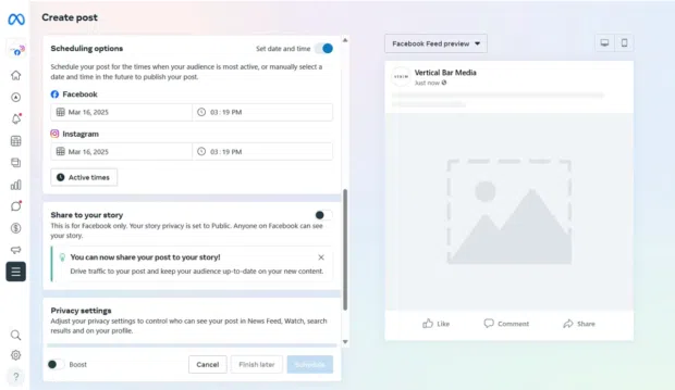 Scheduling dashboard for Meta Business Suite