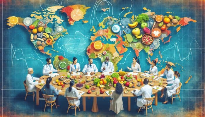 A diverse group of experts gathered around a world map, sharing healthy eating tips with fruits, nuts, and salads on display.