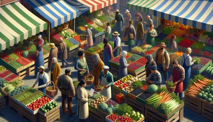 UK farmers' market featuring seasonal produce: asparagus, berries, parsnips, kale, displayed at vibrant stalls.