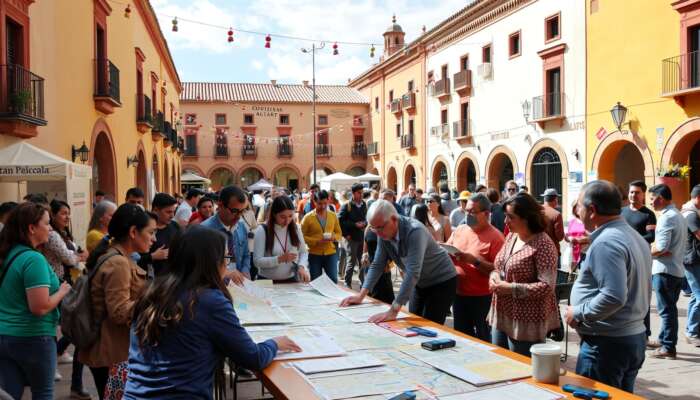 Volunteers, officials, and organisers collaborating around a table with maps and decorations in San Miguel de Allende's lively plaza.