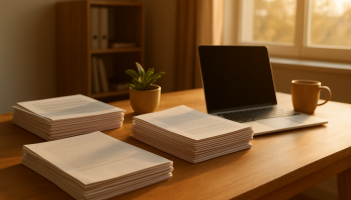 Organised desk in Beaufort West office showcasing essential loan documents like bank statements illuminated by sunlight.