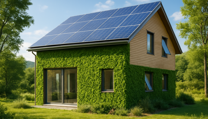 Modern eco-friendly house featuring solar panels, green walls, and smart windows in a peaceful setting.