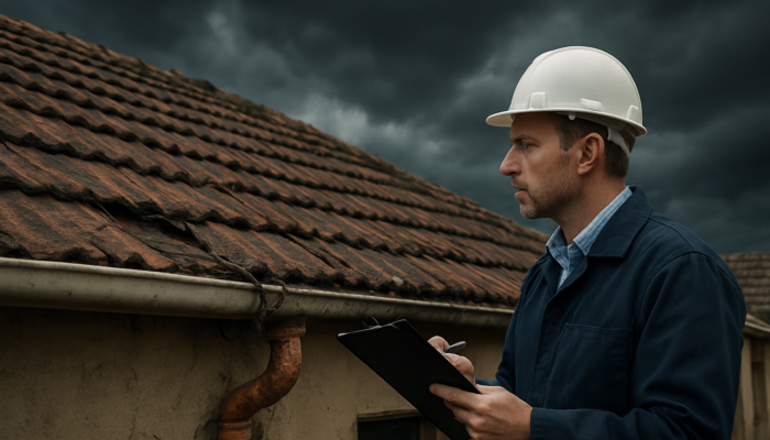 Professional inspector evaluating cracked roof and exposed wires on an old South African home in Springs during a stormy day.