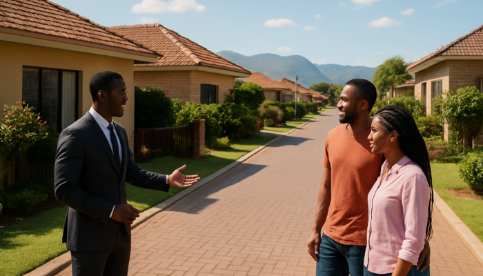 Couple exploring modern homes on bustling Thohoyandou street with a real estate agent under a sunny sky.