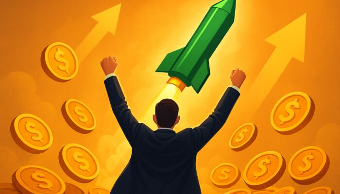 Triumphant trader observes a massive green candlestick surge amid golden coins and upward arrows for their largest winning trade