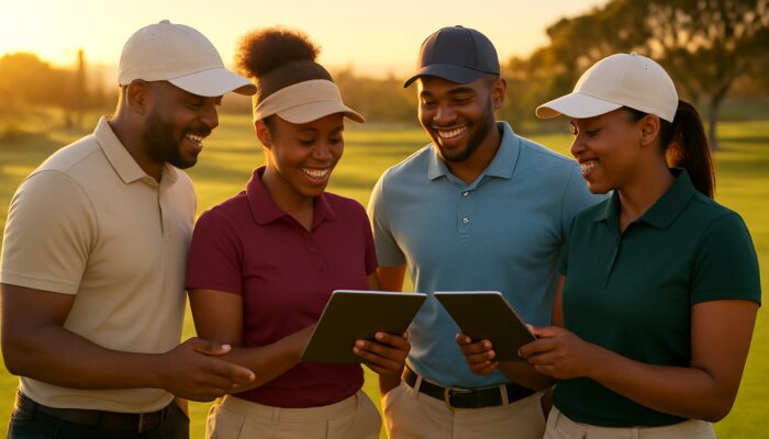 A diverse group of South African golfers sharing community reviews on tablets at sunset on a lush golf course.