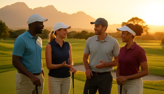A diverse group of golfers networking at sunset on a scenic South African golf course with mountains in the background.