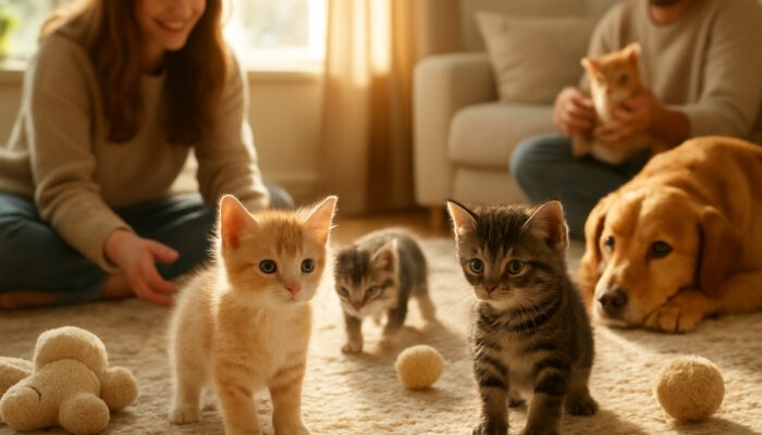 Adorable kittens exploring a sunlit, cozy room filled with toys, textures, people, and pets.