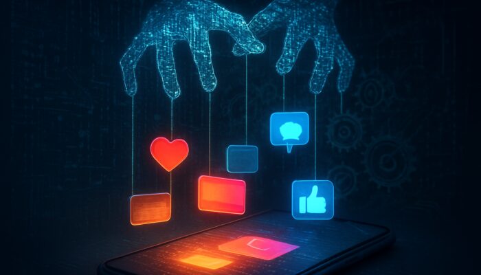 Glowing algorithms acting as puppet masters sorting likes and posts behind a smartphone screen for Instagram and Facebook