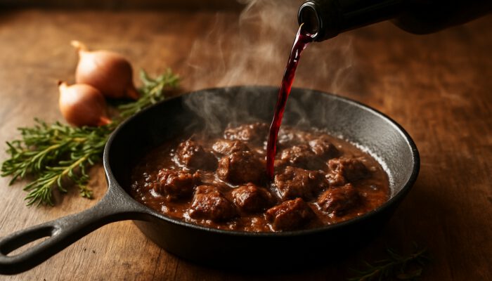 Close-up of a cast iron skillet deglazing caramelized meat fond with red wine, steam rising among herbs and shallots.