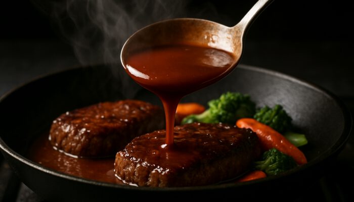 Chef's spoon lifts thick glossy pan sauce from simmering skillet with steam and seared meat.