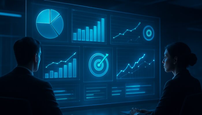 Executives observing a luminous holographic KPI dashboard displaying charts and target icons in a futuristic control room.