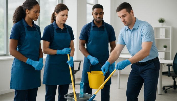 Cleaning team in uniforms receiving hands-on equipment and safety training in a modern office.