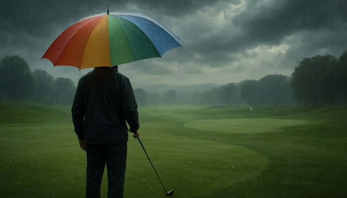 Golfer protected by a vibrant umbrella on a misty, rainy golf course surrounded by lush greens and clouds.