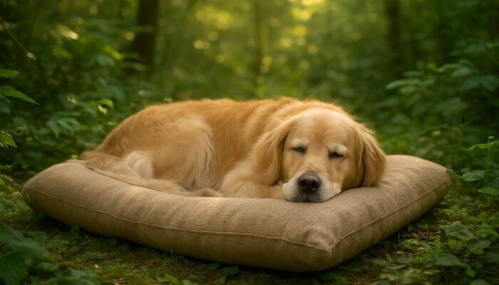 Golden retriever resting on organic hemp pet bed in sunlit forest greenery