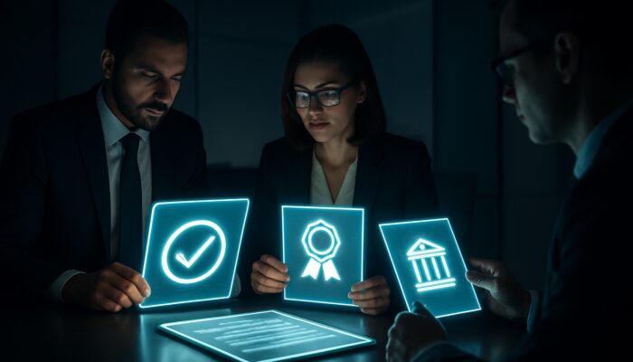 Corporate auditors verifying compliance with regulatory documents and governance frameworks.